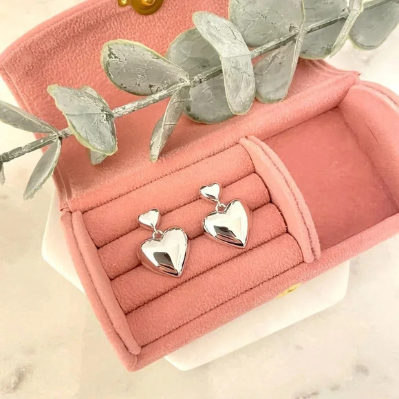 925 Sterling Silver Heart Dangle Drop Earrings Minimalist Heart Earrings - Picture 3 of 5